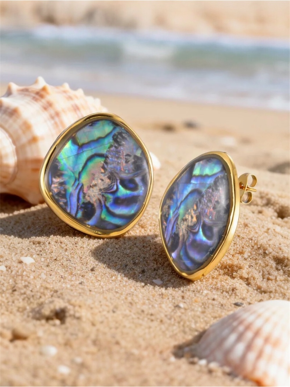 Abalone Shell Stud Earrings NWT Gold Plated PVD Coated